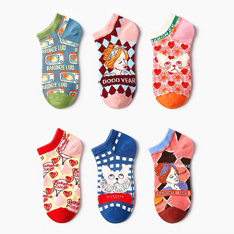 French Cat Illustration Socks Female Cute Cartoon Cat Lolita Illustration Ins Tide Socks Shallow Mouth Socks - WAlMYe #