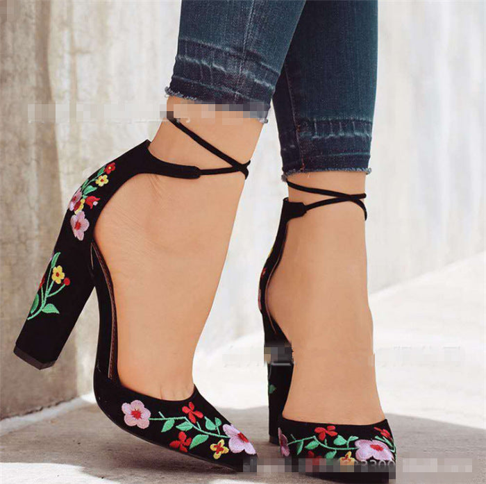 Womens Pumps Shoes Dorsay Ankle Strap Block High Heels Embroidery Flowers