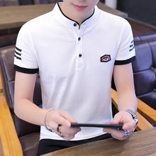 Load image into Gallery viewer, Stand-up Collar Cotton Short-sleeved T-shirt Slim-fit Badge Top
