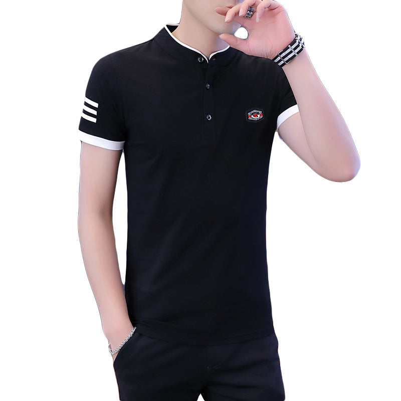 Stand-up Collar Cotton Short-sleeved T-shirt Slim-fit Badge Top - WAlMYe #