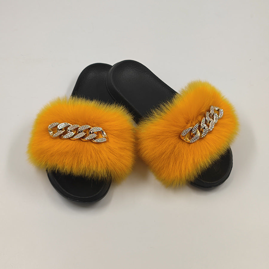 Plush Chain Imitation Fox Fur Flip Flops Fashion Fur Slippers - WAlMYe #