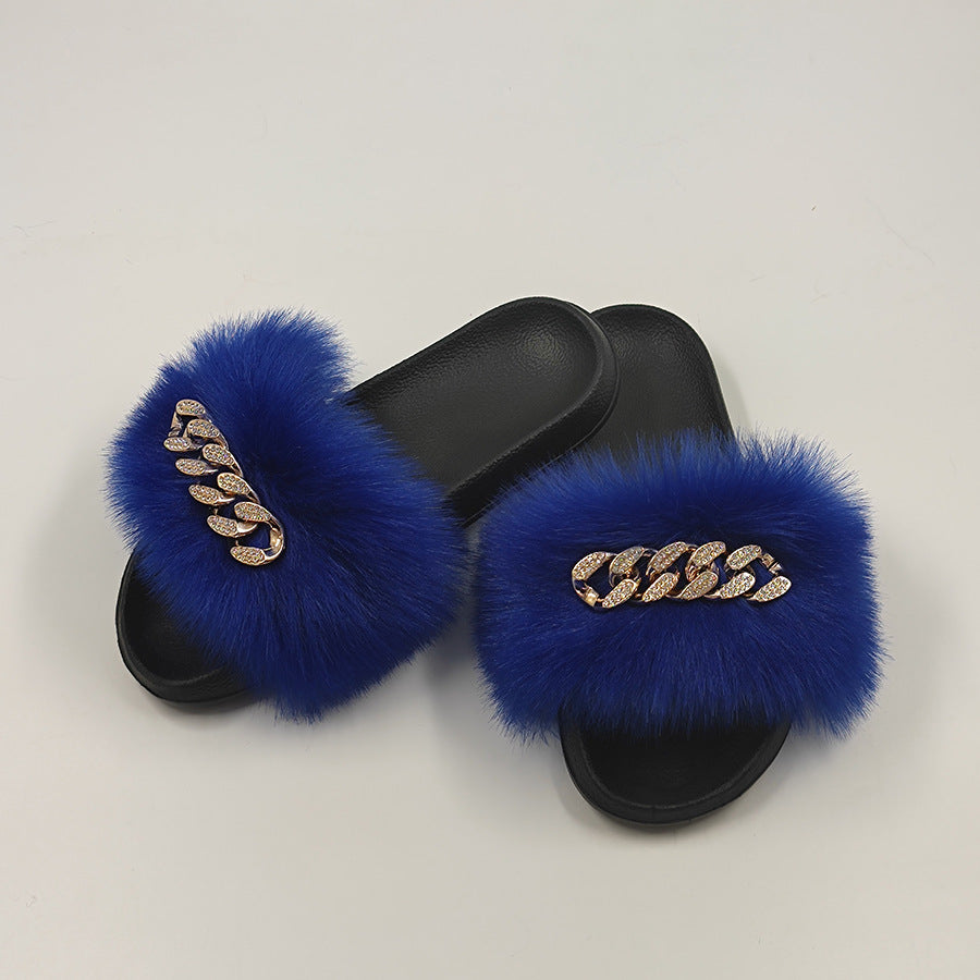 Plush Chain Imitation Fox Fur Flip Flops Fashion Fur Slippers - WAlMYe #