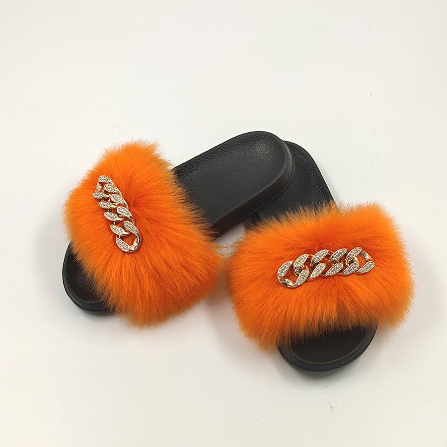 Plush Chain Imitation Fox Fur Flip Flops Fashion Fur Slippers - WAlMYe #