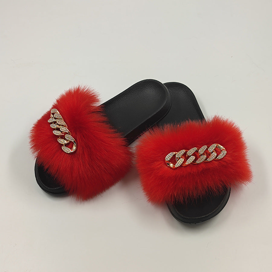 Plush Chain Imitation Fox Fur Flip Flops Fashion Fur Slippers - WAlMYe #