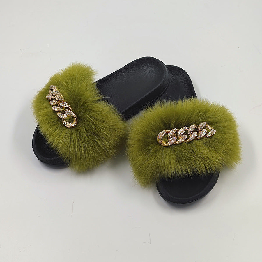 Plush Chain Imitation Fox Fur Flip Flops Fashion Fur Slippers - WAlMYe #