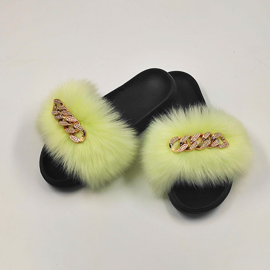 Plush Chain Imitation Fox Fur Flip Flops Fashion Fur Slippers - WAlMYe #