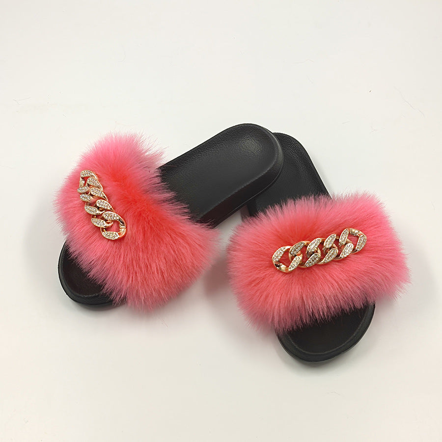 Plush Chain Imitation Fox Fur Flip Flops Fashion Fur Slippers - WAlMYe #