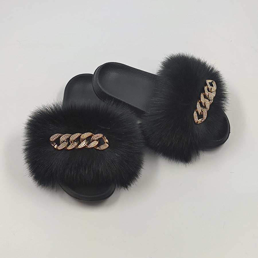 Plush Chain Imitation Fox Fur Flip Flops Fashion Fur Slippers - WAlMYe #