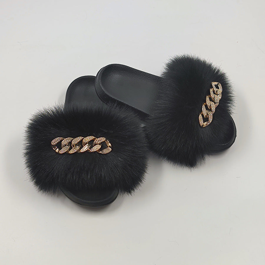 Plush Chain Imitation Fox Fur Flip Flops Fashion Fur Slippers