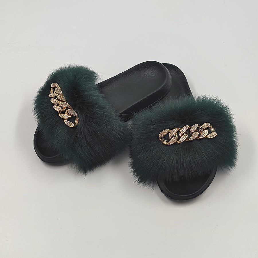 Plush Chain Imitation Fox Fur Flip Flops Fashion Fur Slippers - WAlMYe #