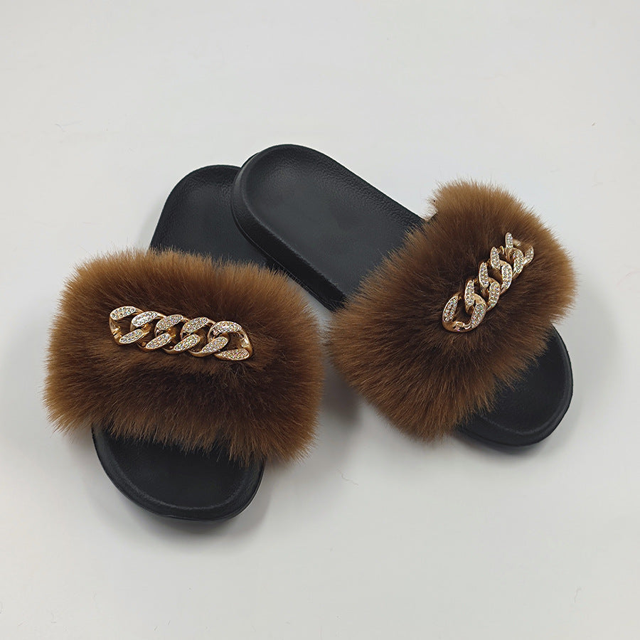 Plush Chain Imitation Fox Fur Flip Flops Fashion Fur Slippers - WAlMYe #