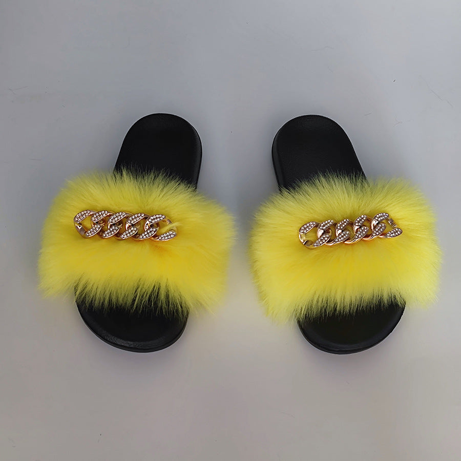 Plush Chain Imitation Fox Fur Flip Flops Fashion Fur Slippers - WAlMYe #