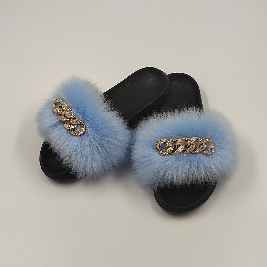 Plush Chain Imitation Fox Fur Flip Flops Fashion Fur Slippers - WAlMYe #