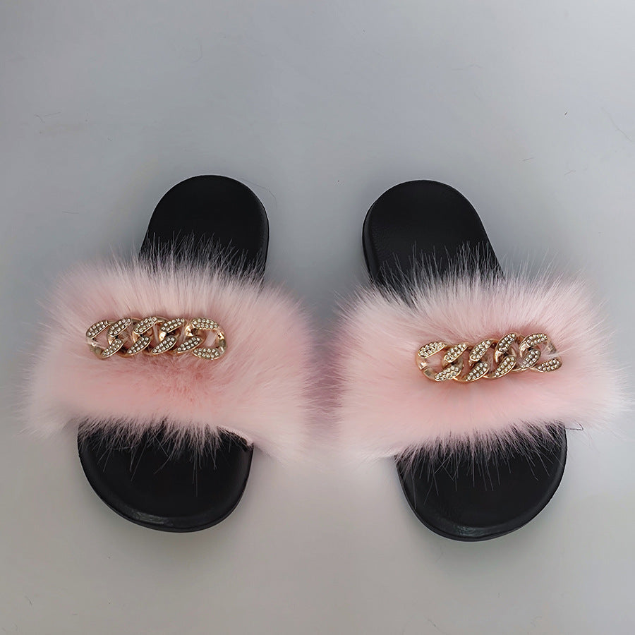 Plush Chain Imitation Fox Fur Flip Flops Fashion Fur Slippers - WAlMYe #