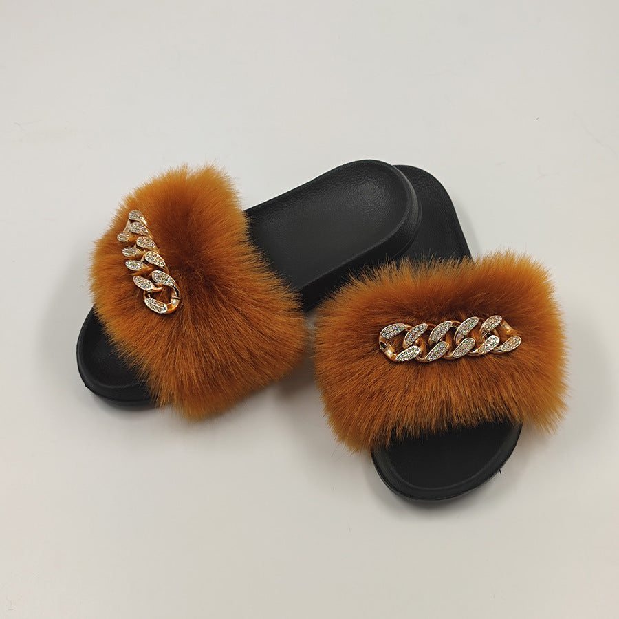 Plush Chain Imitation Fox Fur Flip Flops Fashion Fur Slippers - WAlMYe #
