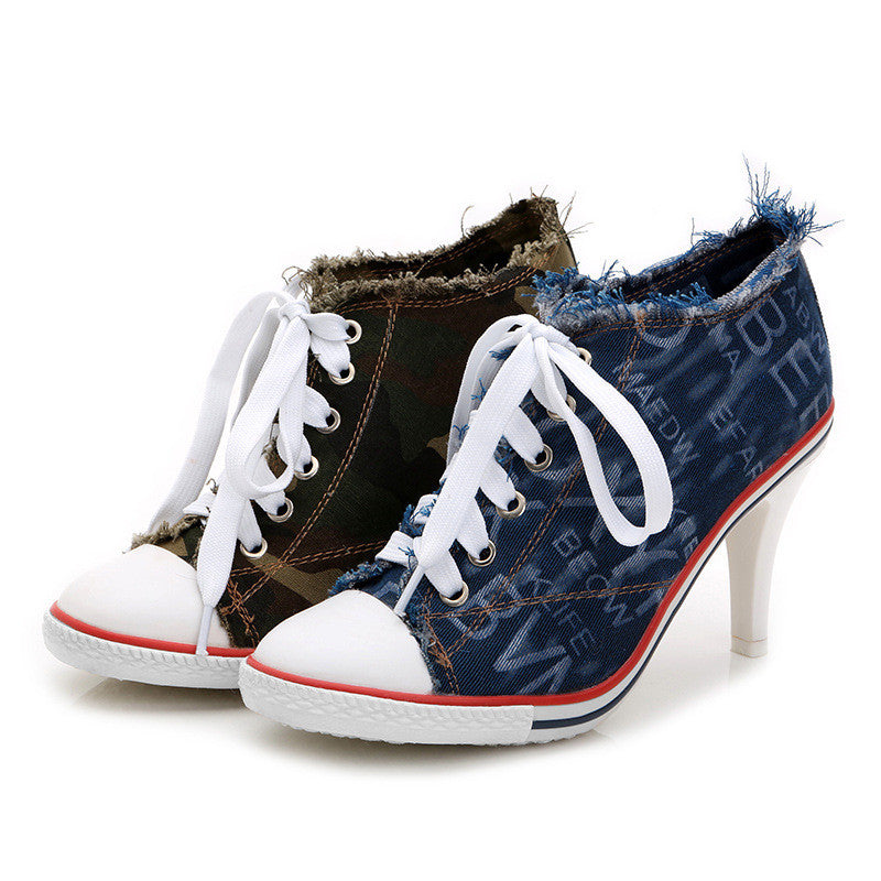 Spring And Autumn All-match Fashionable Camouflage Shoes Women Korean Denim High Heels - WAlMYe #