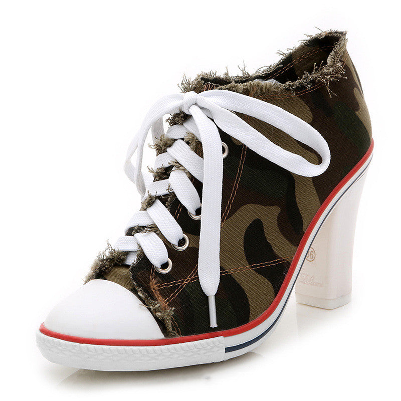 Spring And Autumn All-match Fashionable Camouflage Shoes Women Korean Denim High Heels - WAlMYe #