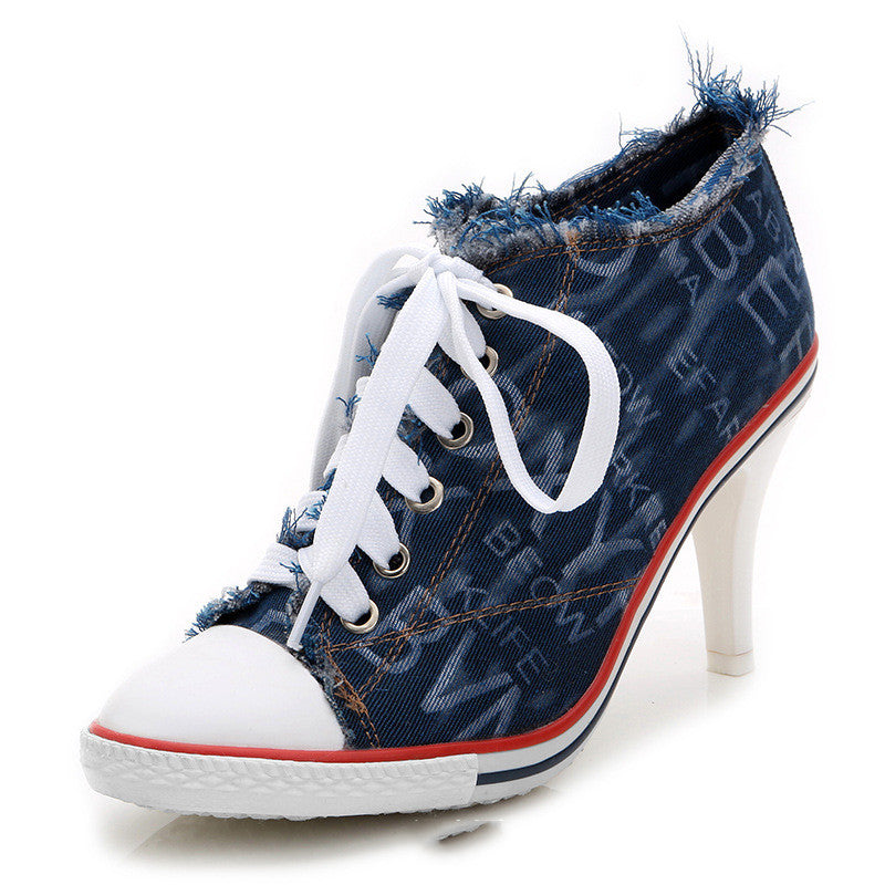 Spring And Autumn All-match Fashionable Camouflage Shoes Women Korean Denim High Heels - WAlMYe #