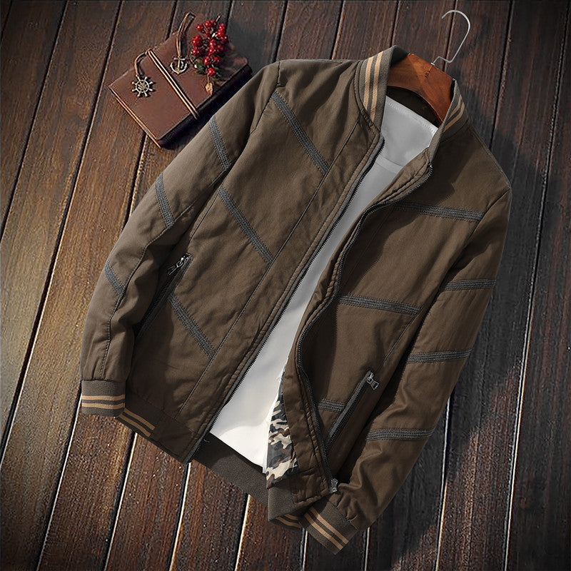 Men's Solid Color Cotton Jacket Striped Fall Winter Stand Collar Jacket