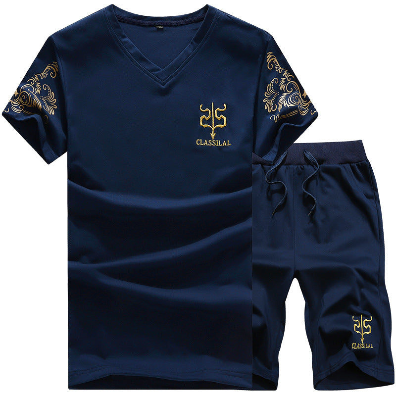 Round Neck Sports Suit Plus Size Men's Short Sleeve T-Shirt Two-Piece Suit