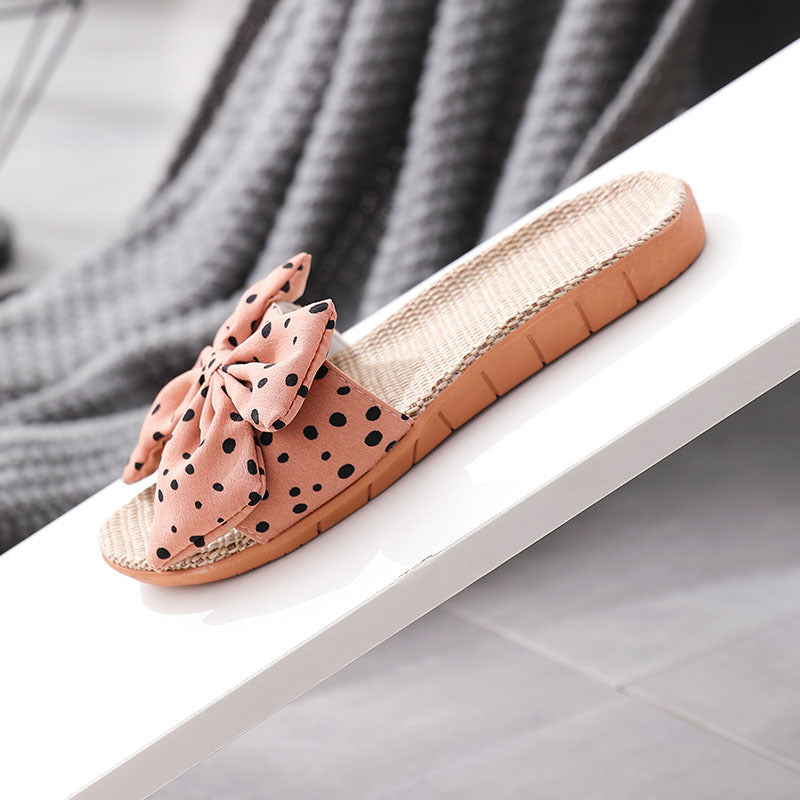 Bowknot Linen Slippers Women Cute Polka Dot Home Women's Linen Slippers - WAlMYe #