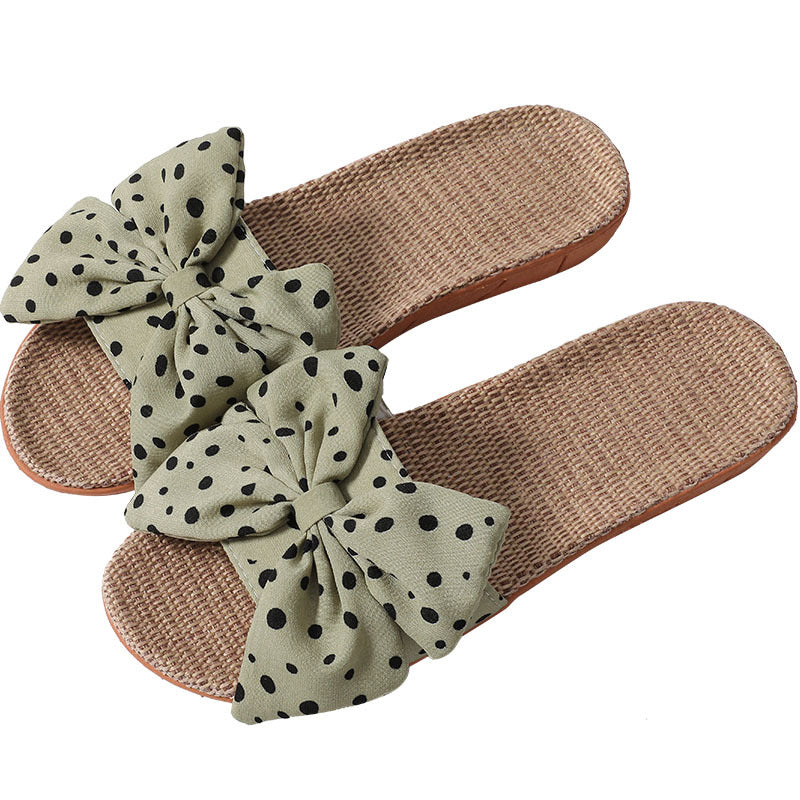 Bowknot Linen Slippers Women Cute Polka Dot Home Women's Linen Slippers - WAlMYe #