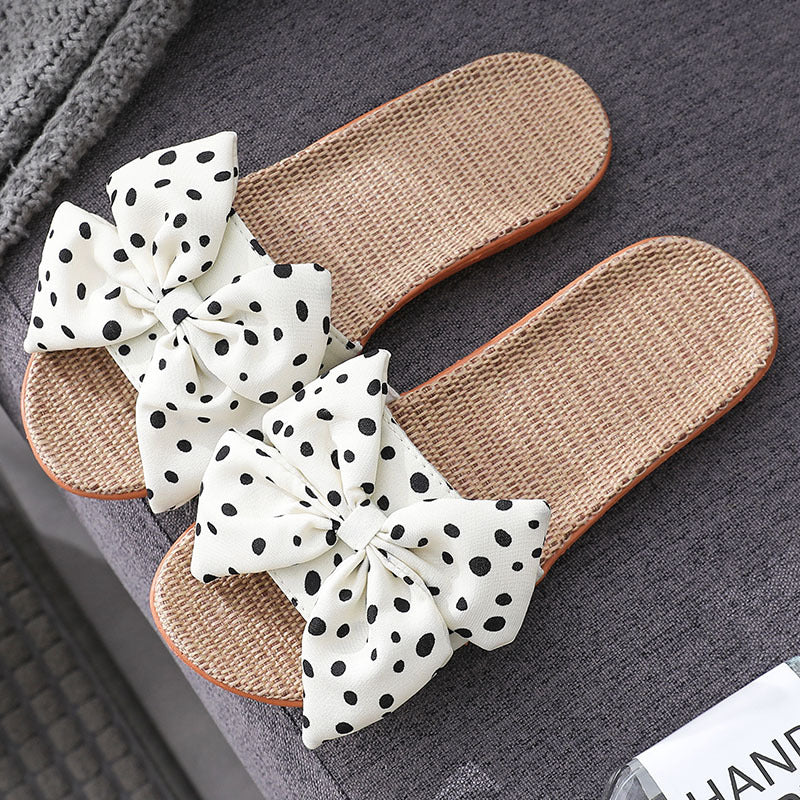 Bowknot Linen Slippers Women Cute Polka Dot Home Women's Linen Slippers - WAlMYe #
