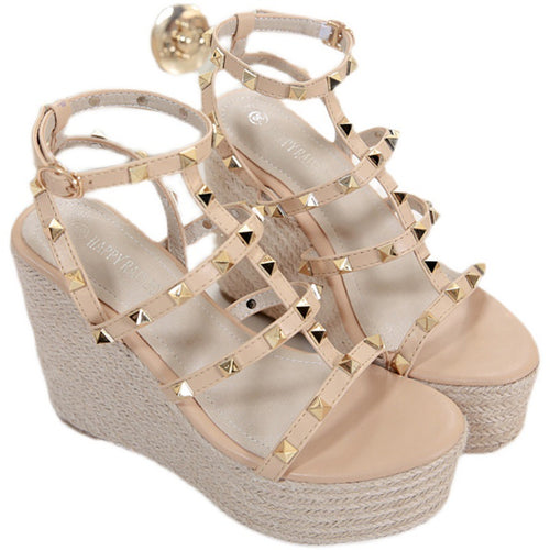 Sponge Cake Platform Rivet High-heeled T-strap Roman Heightened Wedge Sandals - WAlMYe #