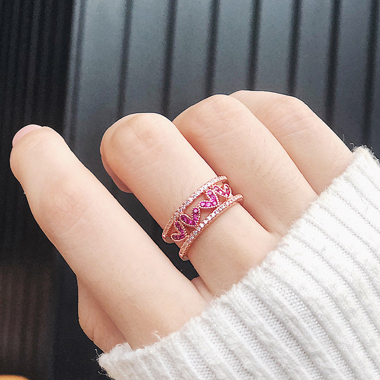Rose red diamond hollow love opening ring wide version micro-inlaid zircon heart-shaped ring tail ring - WAlMYe #