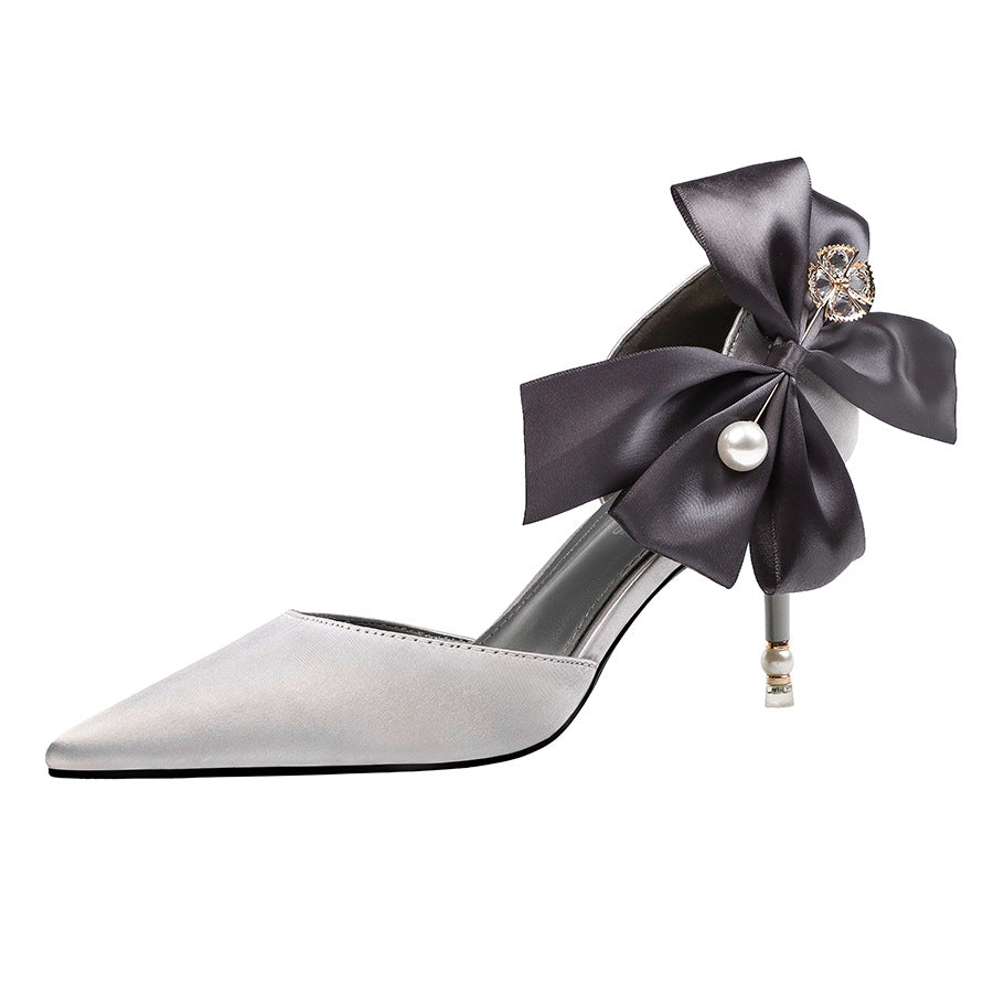 Satin High Heels Bow  Pearl Sandals - WAlMYe #
