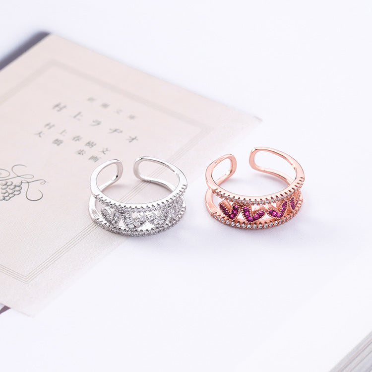 Rose red diamond hollow love opening ring wide version micro-inlaid zircon heart-shaped ring tail ring - WAlMYe #