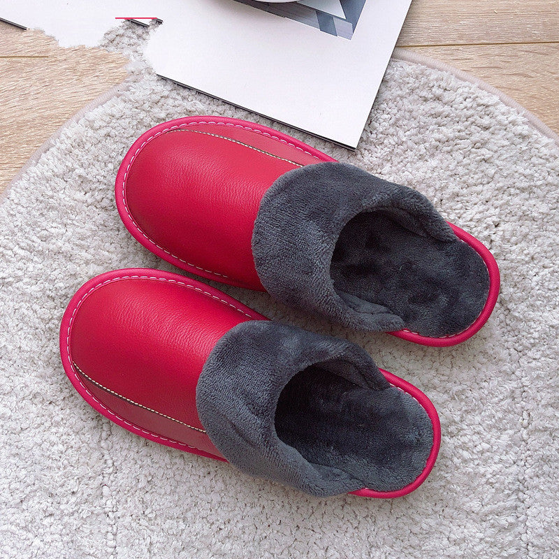 Genuine Leather Surface Cotton Home Waterproof Thick Bottom Plush Warm Slippers - WAlMYe #