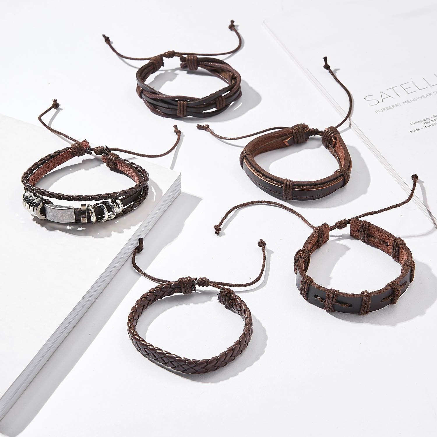 Men's Cross Braided Leather Adjustable Set Bracelet - WAlMYe #