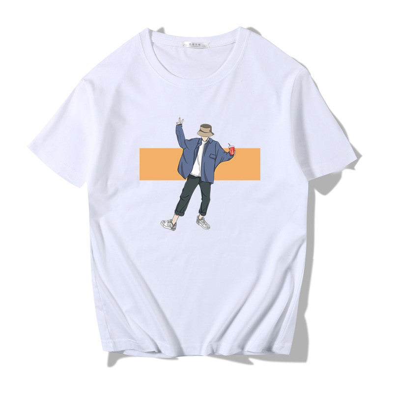 Short-sleeved T-shirt Men's All-match Loose Print Round Neck Japanese Style - WAlMYe #