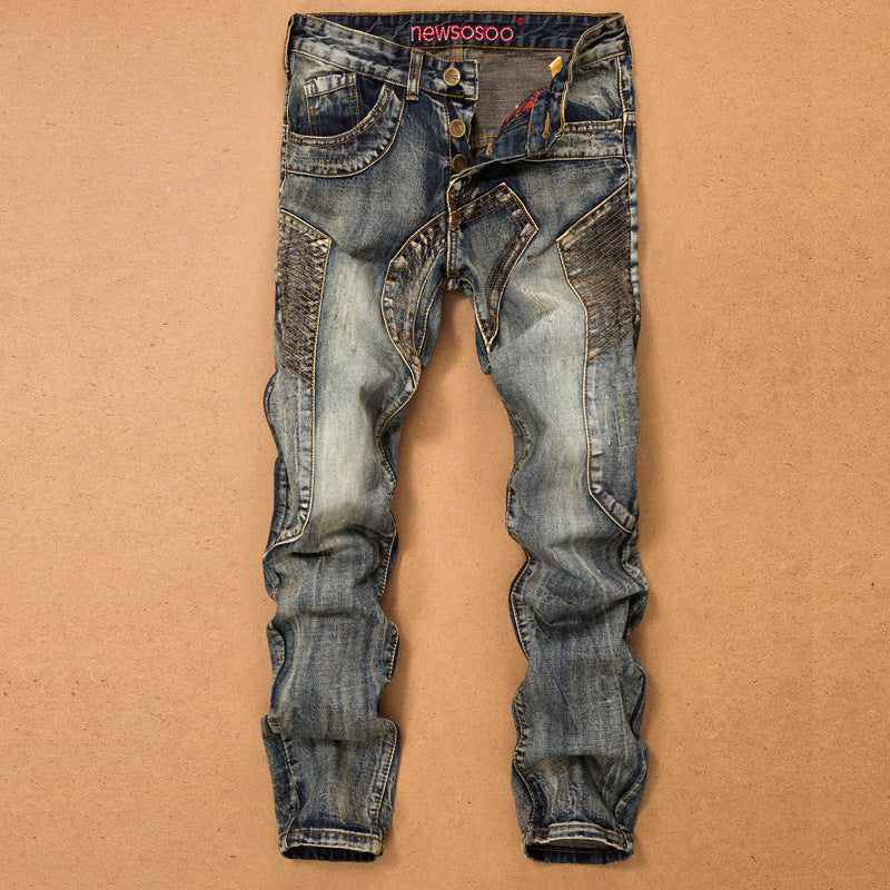 Retro Jeans Men's Stitching Beggars Old Patch Slim-fit Straight Trousers