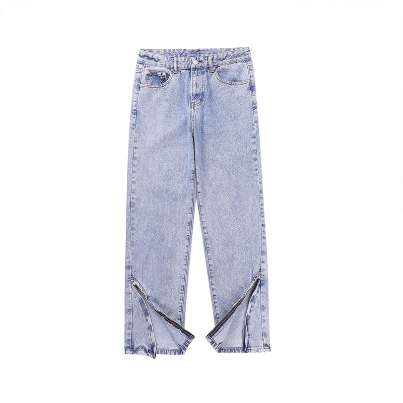 Vintage Washed Distressed Light Blue Zippered Jeans