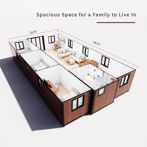 40FT Tiny House to Live in,Portable Prefab House with 3 Bedroom,1 Full Equiped Bathroom and Kitchen,Prefabricated Container House - WALMYE #