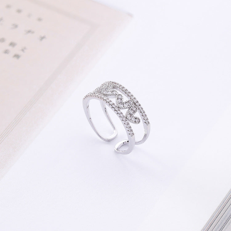Rose red diamond hollow love opening ring wide version micro-inlaid zircon heart-shaped ring tail ring - WAlMYe #