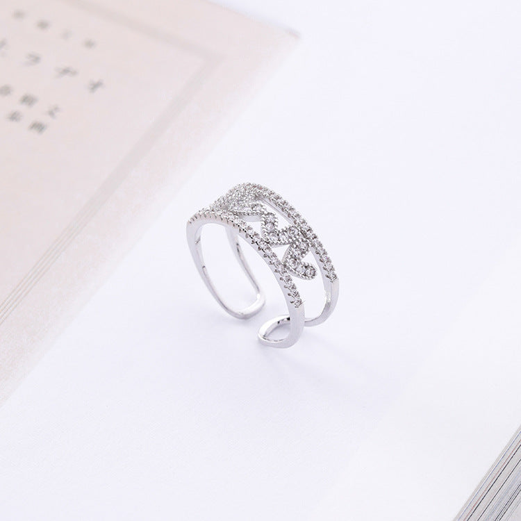 Rose red diamond hollow love opening ring wide version micro-inlaid zircon heart-shaped ring tail ring