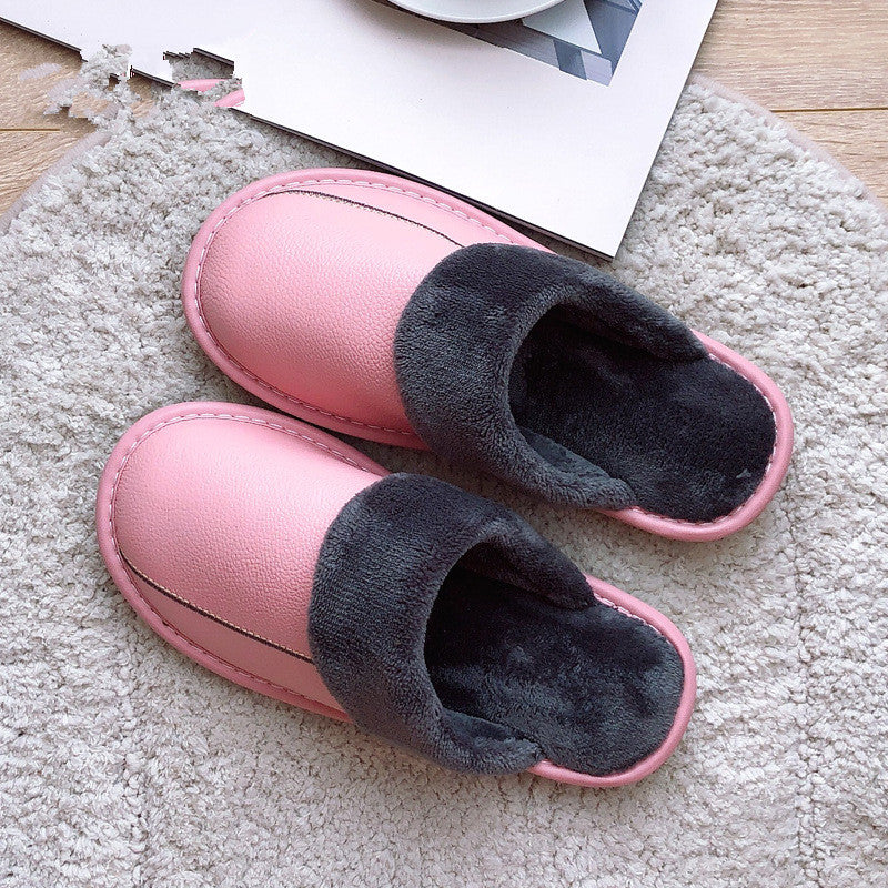Genuine Leather Surface Cotton Home Waterproof Thick Bottom Plush Warm Slippers - WAlMYe #