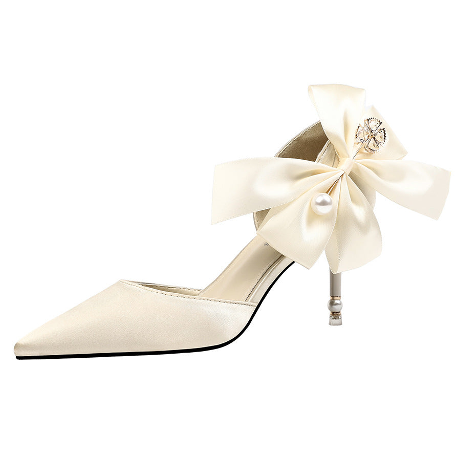 Satin High Heels Bow  Pearl Sandals - WAlMYe #