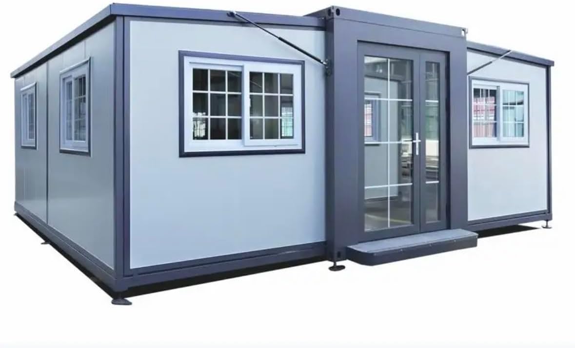 Gray Modern House, 19 x 20 FT, 2 Rooms, 1 Bathroom & 1 Kitchen, Alloy Steel, Foldable Outbuilding – Light Blue Gray - WAlMYe #