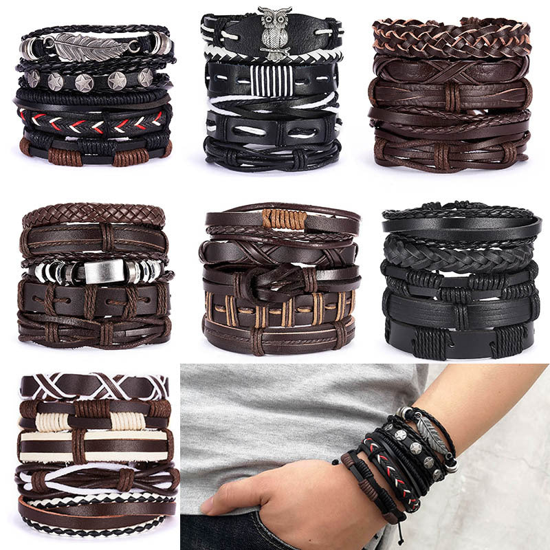 Men's Cross Braided Leather Adjustable Set Bracelet - WAlMYe #