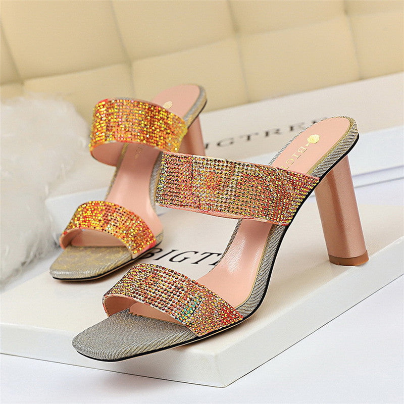 High heel shiny rhinestone slippers - WAlMYe #