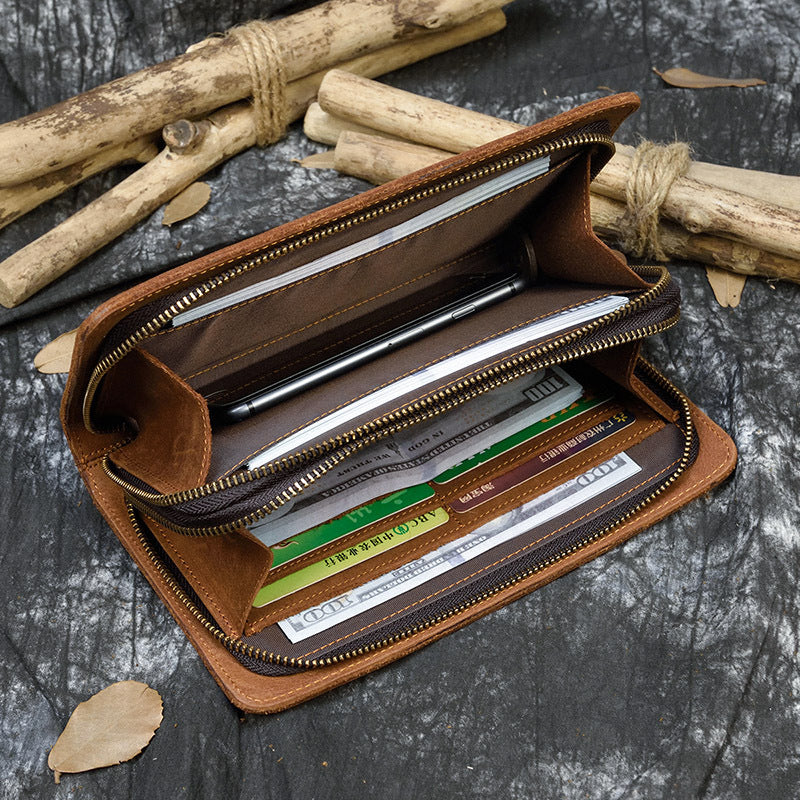 Crazy Horse Leather Double Zip Money Clutch - WAlMYe #