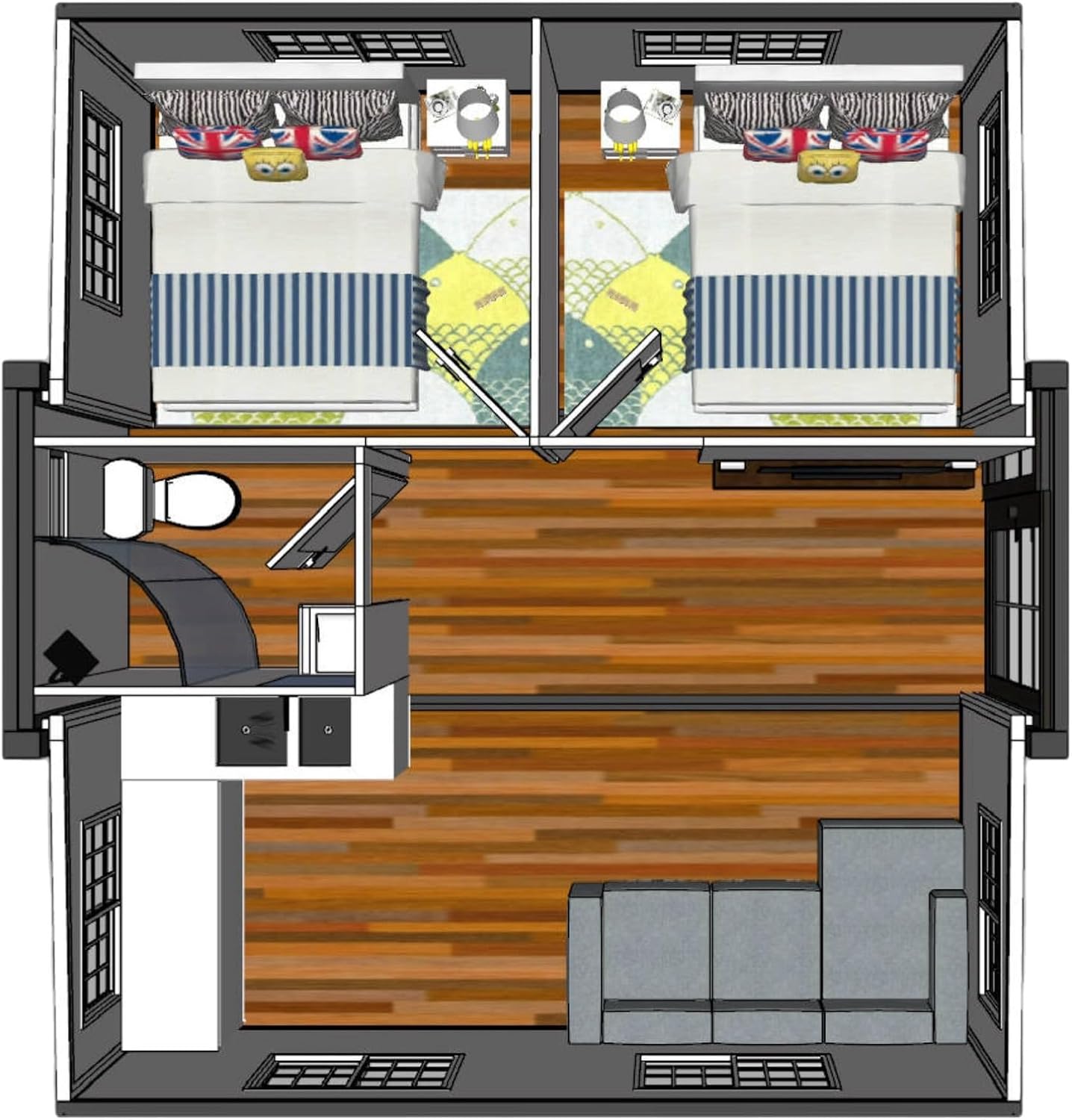 Gray Modern House, 19 x 20 FT, 2 Rooms, 1 Bathroom & 1 Kitchen, Alloy Steel, Foldable Outbuilding – Light Blue Gray - WAlMYe #