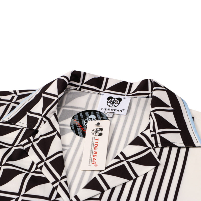 High Street Hawaiian Flower Shirt Statue Full Printed Beach Cardigan Short Sleeve Men - WAlMYe #