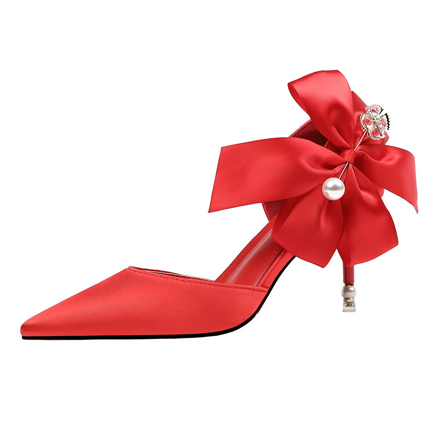 Satin High Heels Bow  Pearl Sandals - WAlMYe #