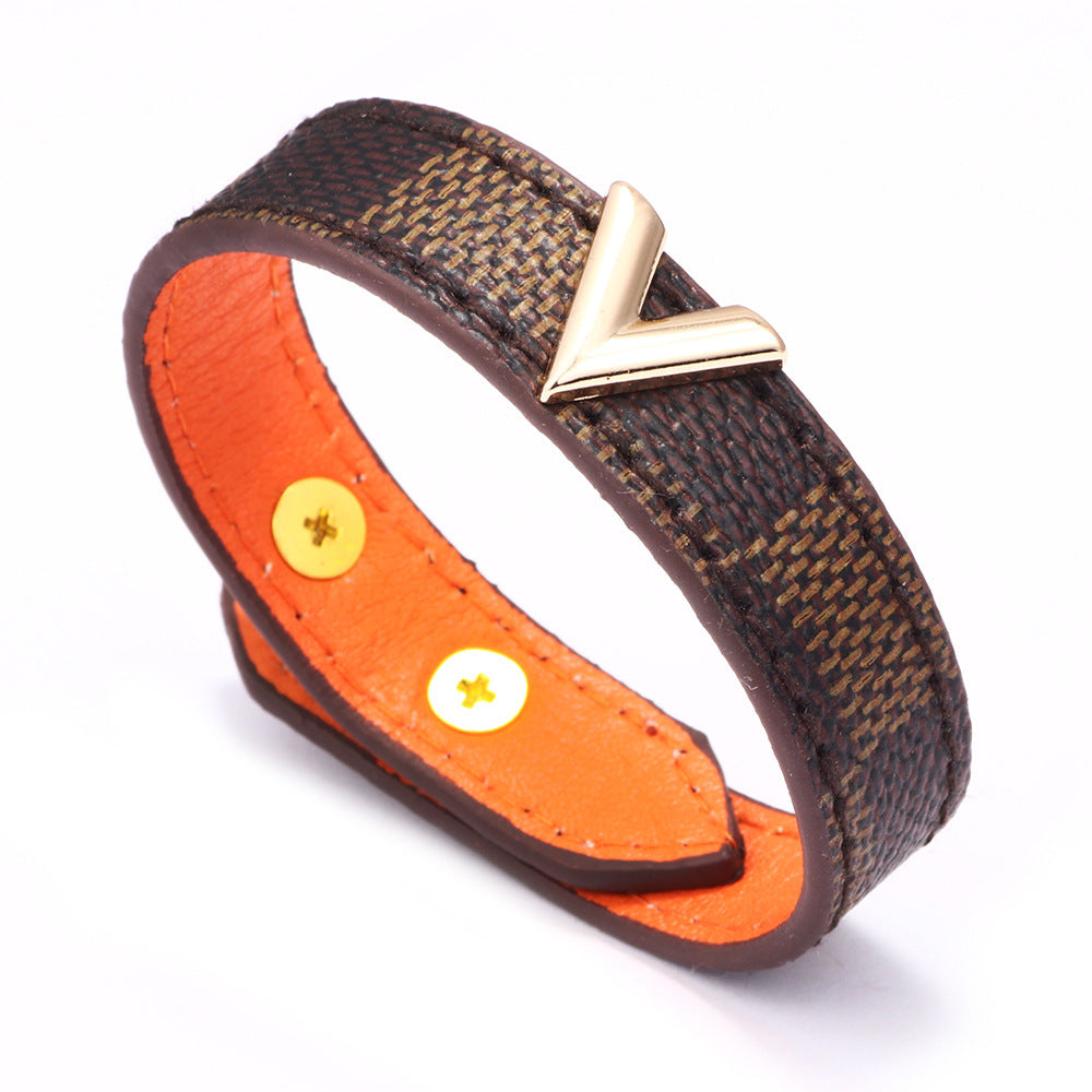 Classic Brown Plaid Stripe Leather Bracelets Bangles For Women - WAlMYe #