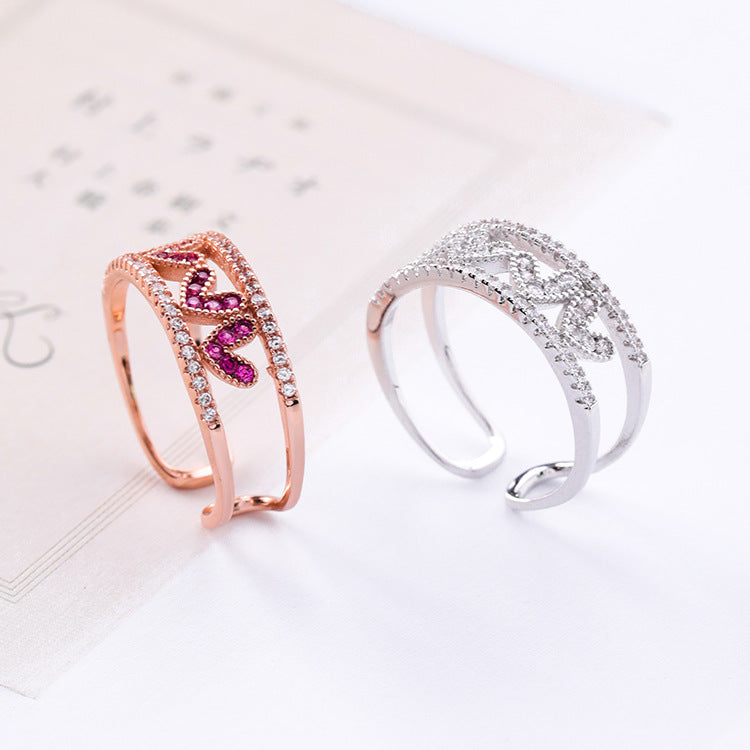 Rose red diamond hollow love opening ring wide version micro-inlaid zircon heart-shaped ring tail ring - WAlMYe #